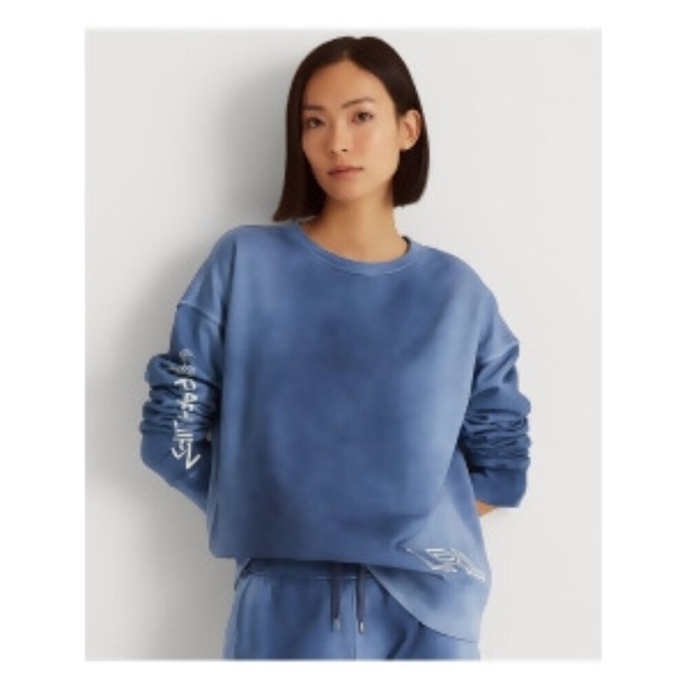 Lauren Ralph Lauren Womens Blue Ribbed Crewneck Drop Shoulders Logo Graphic Swea